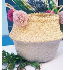 Seagrass Basket BB4-0057-16Green-w/Pompoms