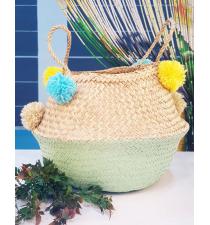 Seagrass Basket BB4-0057-16Green-w/Pompoms